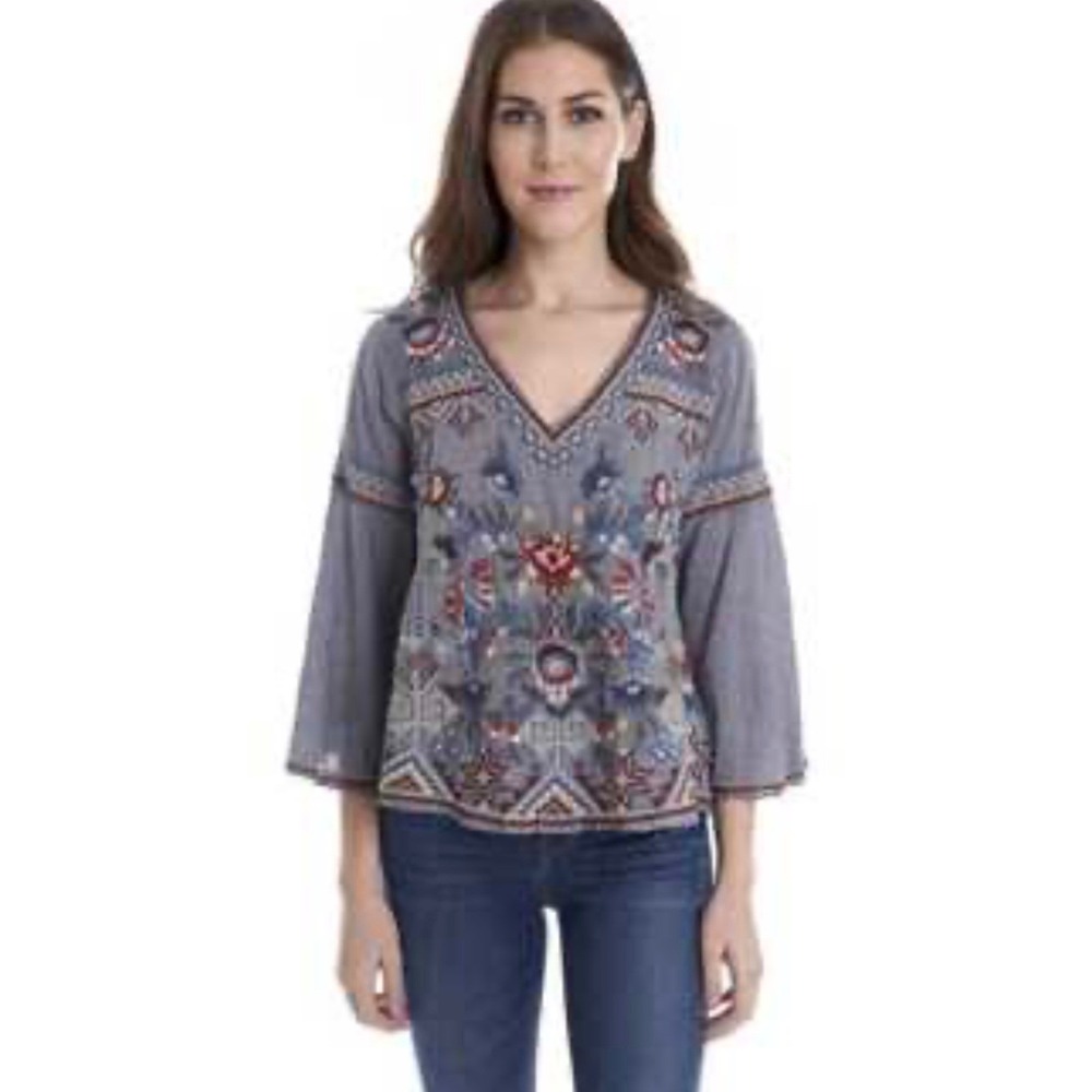 Johnny Was Workshop embroidered chambray swing blouse womens size XS flowy boho